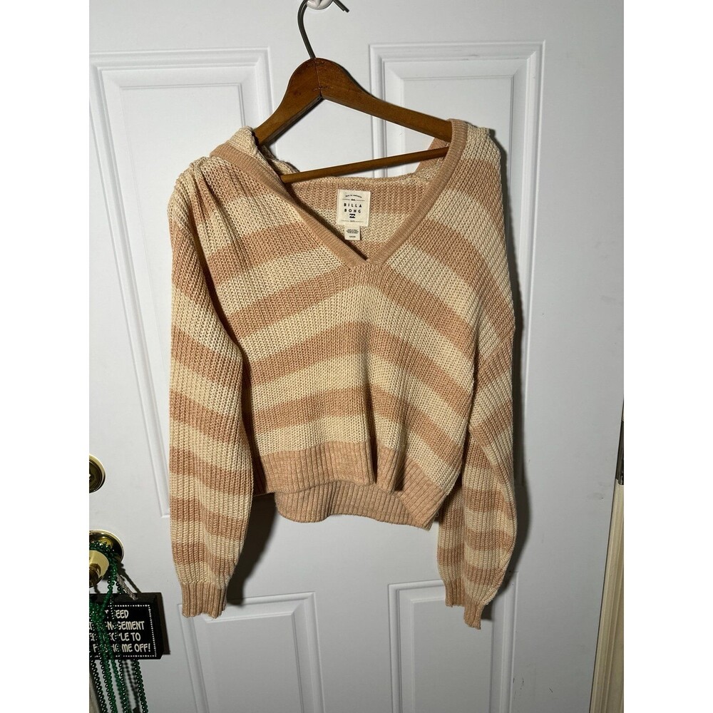Billabong Mas Amor V Neck Hooded Sweater Pink And Cream